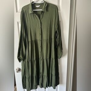 Time and Tru Olive Green Button-Front Tiered Long Sleeve Dress